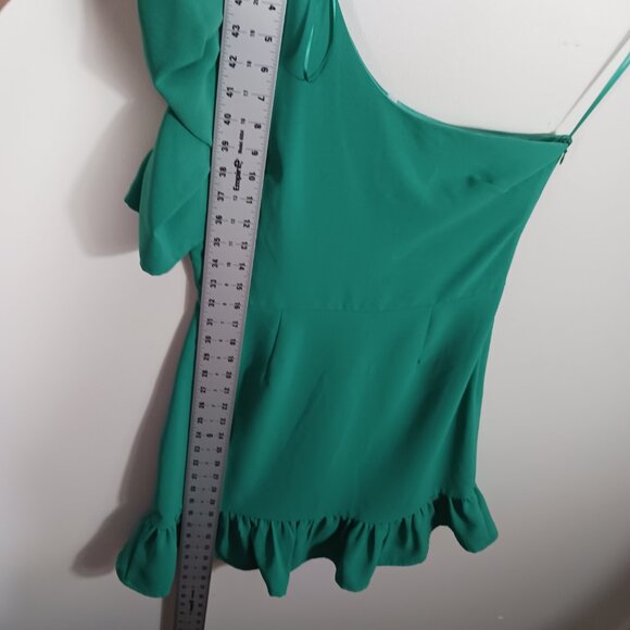 glam, Medium One Shoulder Green Mini Dress, Ruffle Bottom, Party Dress, Cocktail - Picture 14 of 16